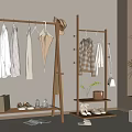 Wooden Clothes Rack With Hanging Clothes Hat Shoes Bag And Plant In Indoor Space