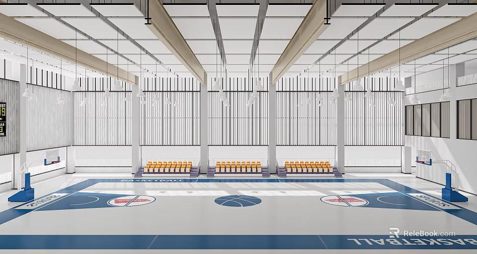 Modern Basketball Gym Interior Design With Spacious Court Floor Orange Seats And Suspended Lighting 3d model 