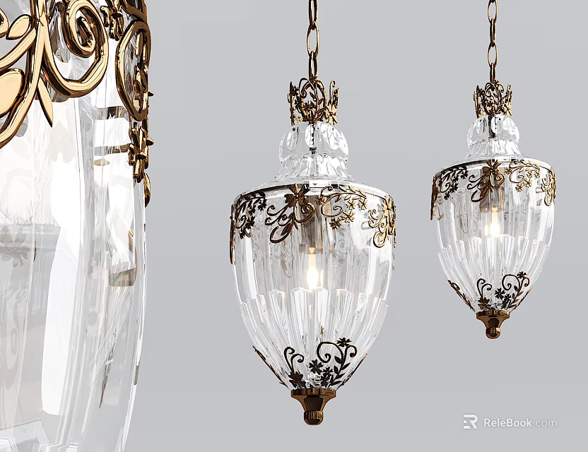 Crystal Glass Pendant Lights With Gold Decorative Patterns And Vintage Design 3d model 