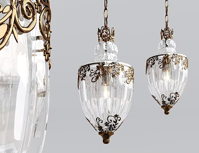Crystal Glass Pendant Lights With Gold Decorative Patterns And Vintage Design 3d model
