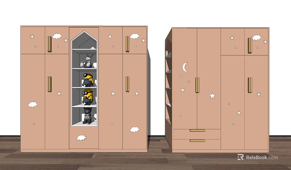 Cute Pink Wardrobe With Cloud Moon Star Patterns And Transparent Glass Doors 3d model 