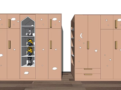 Cute Pink Wardrobe With Cloud Moon Star Patterns And Transparent Glass Doors 3d model