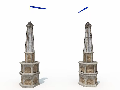 Two Stone Towers With Blue Flags On Top And Detailed Spire Structure 3d model