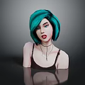 Stylish Game and Movie Female Character With Turquoise Short Hair Black Tank Top And Necklace
