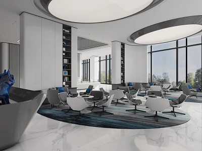 Modern Lounge Area With Circular Layout Large Windows Sofas Chairs Bookshelves And Rug 3d model