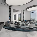 Modern Lounge Area With Circular Layout Large Windows Sofas Chairs Bookshelves And Rug