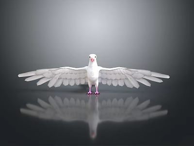 White Dove With Spread Wings Standing On Black Reflective Surface Against Gray Gradient Background 3d model
