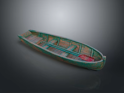 Vintage Handmade Wooden Boat With Green Brown Hull And Red Paddle 3d model