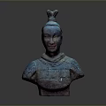 Terracotta Sculpture Carving Bust With Blue Brown Hue Hair Bun And Armor Decorative Patterns