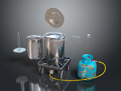 Practical Kitchen Supplies Featuring Stainless Steel Steamer Blue Gas Cylinder Metal Strainer And Stand 3d model