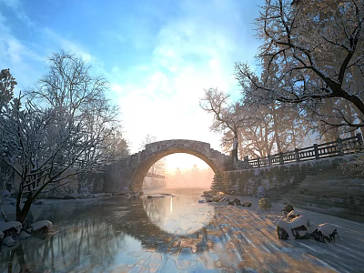 Stone Arch Bridge With Snow Covered Trees Frozen River Sunlight And Blue Sky 3d model