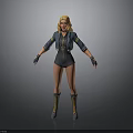 3D Female Character With Blonde Hair Blue Jacket Black Jumpsuit Fishnet Stockings And Brown Boots