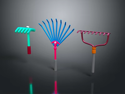 Agricultural Equipment Colorful Rakes With Various Tine Designs For Farming Tasks 3d model