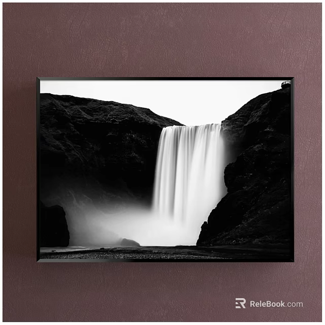 Black and White Landscape Painting Featuring Waterfall Between Mountains With Mist 3d model 