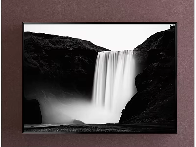 Black and White Landscape Painting Featuring Waterfall Between Mountains With Mist 3d model