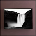 Black and White Landscape Painting Featuring Waterfall Between Mountains With Mist