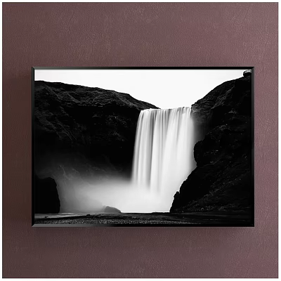 Black and White Landscape Painting Featuring Waterfall Between Mountains With Mist 3d model