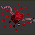 Red Heart Shaped Box With Chocolates And Pink Ribbon Surrounded By Rose Petals