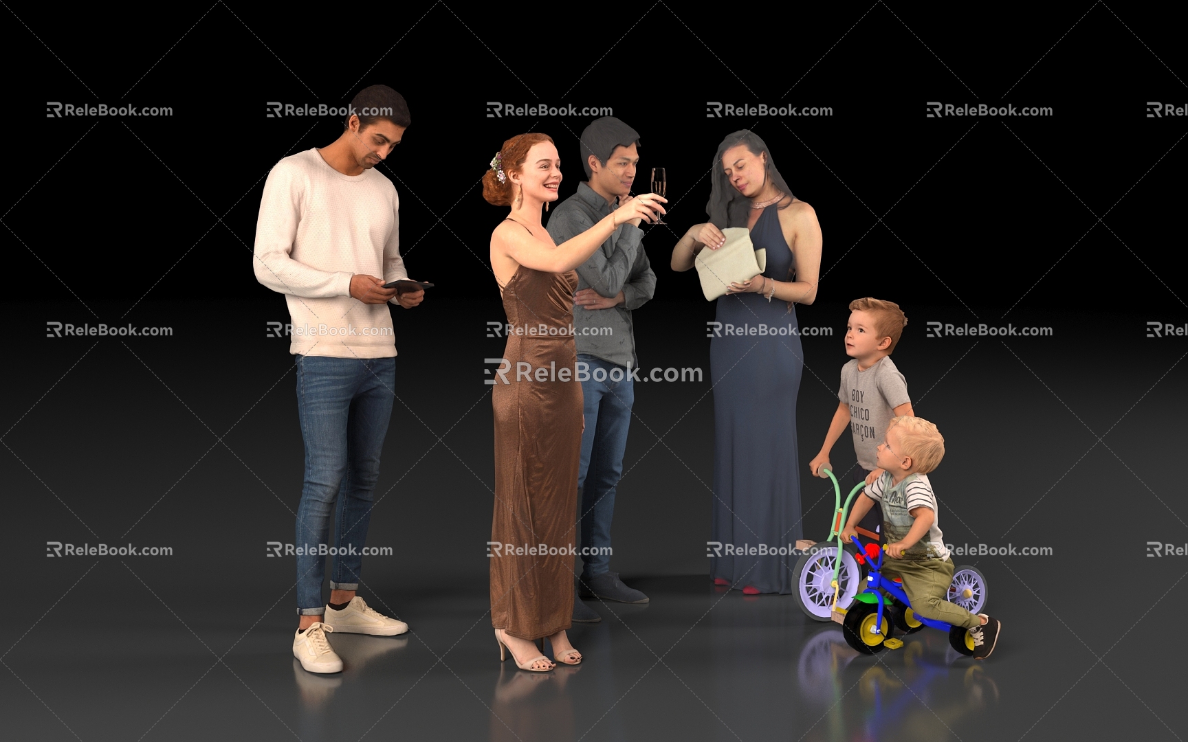 Sexy woman dress dress casual wear men children children toy car walker scene scene conversation atmosphere model 3d model