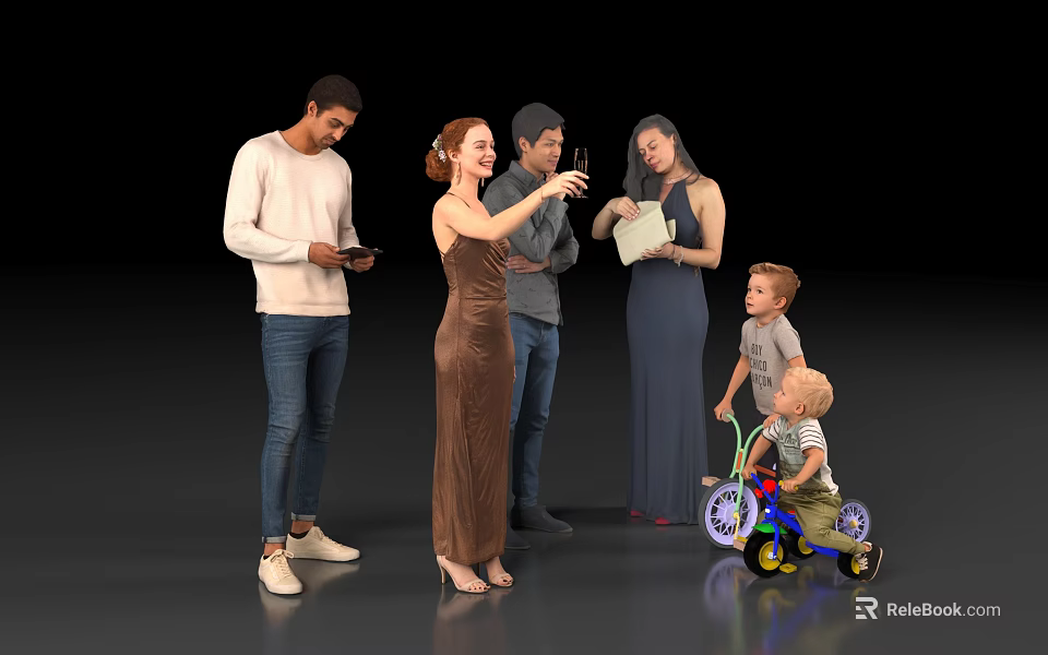Group of Adults and Children Interacting in Casual Gathering With Tricycle Phone Notebook 3d model 