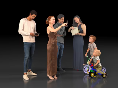 Group of Adults and Children Interacting in Casual Gathering With Tricycle Phone Notebook 3d model