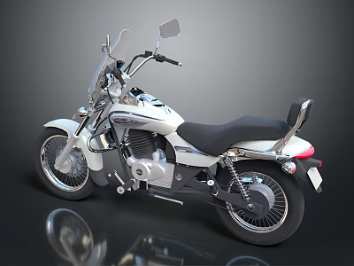 White Cruiser Motorcycle With Black Seat Windshield Chrome Accents And Shiny Wheels On Dark Background 3d model