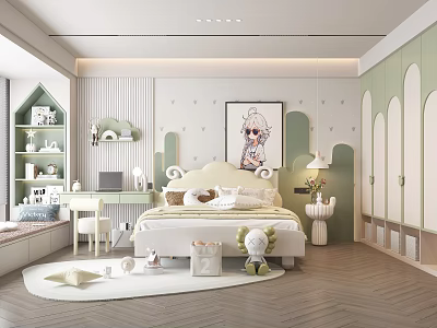 Modern Kids Room Interior With Light Green White Decor Cartoon Painting Desk Wardrobe And Bookshelf 3d model