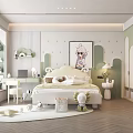 Modern Kids Room Interior With Light Green White Decor Cartoon Painting Desk Wardrobe And Bookshelf