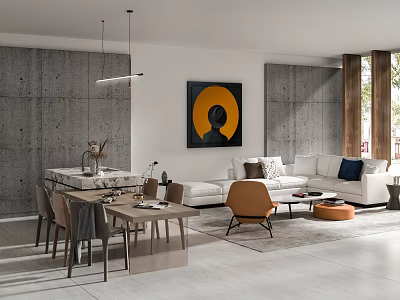 Modern Dining and Living Room Interior With Sofa Dining Table Wall Art And Pendant Light 3d model