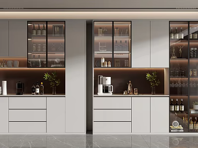 Modern Wine Cabinet With Glass Doors And Wine Bottles Decorated With Green Plants 3d model