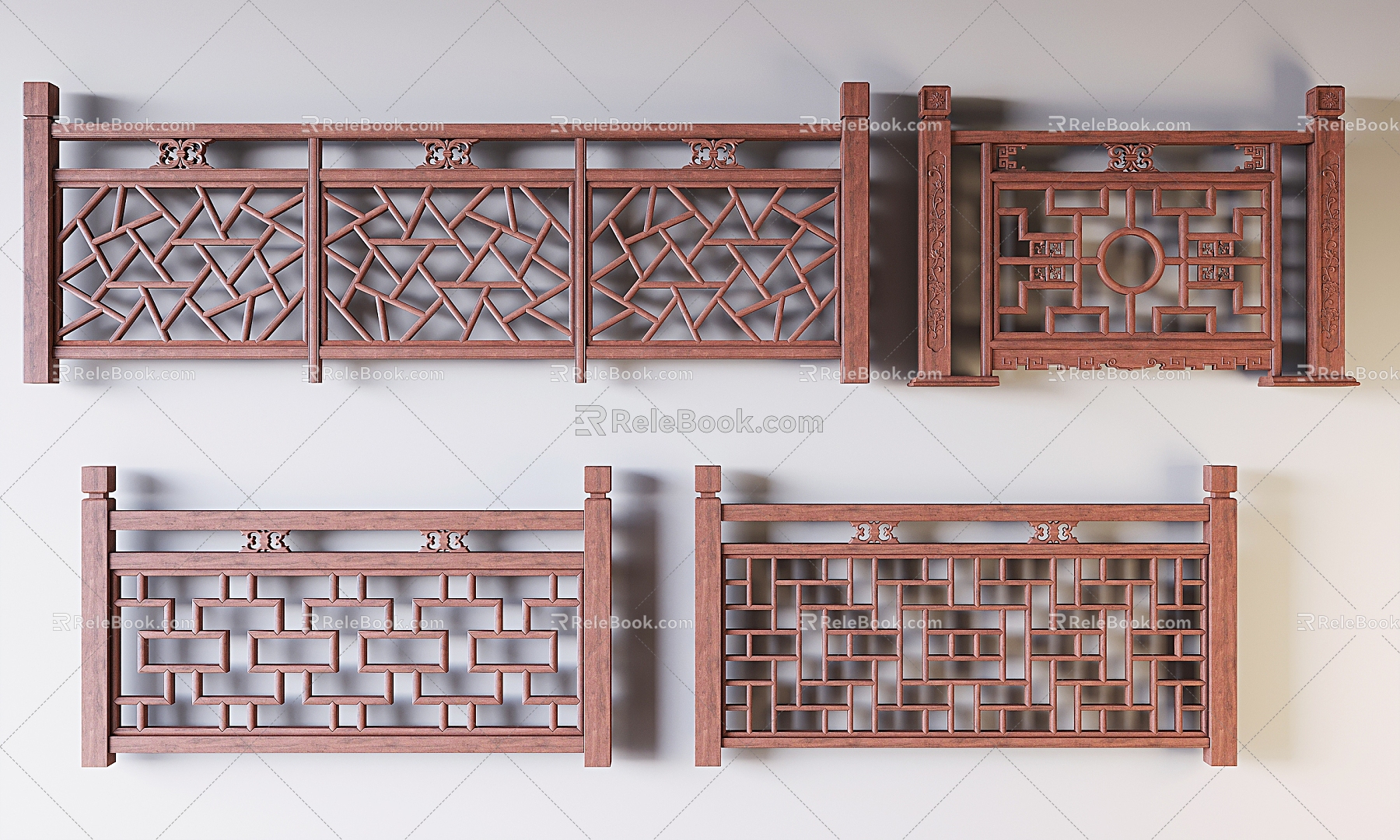 New Chinese style solid wood railing lattice carved guardrail fence stair guardrail 3d model