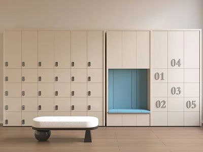 Modern Cream Colored Numbered Lockers With Blue Niche And White Bench On Wooden Floor 3d model