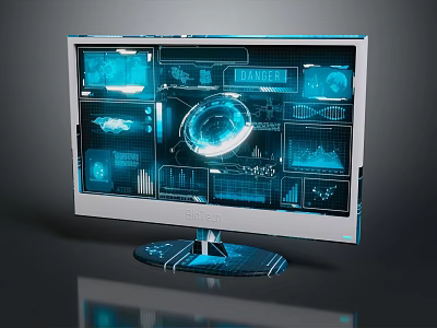 Modern Computer Monitor Displaying Blue Tech Interface With Data Visualization And Charts 3d model