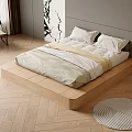 Tatami Bedroom Interior With Wooden Platform Bed Pillows Bedding Herringbone Flooring And Round Rug