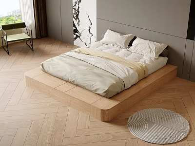 Tatami Bedroom Interior With Wooden Platform Bed Pillows Bedding Herringbone Flooring And Round Rug 3d model
