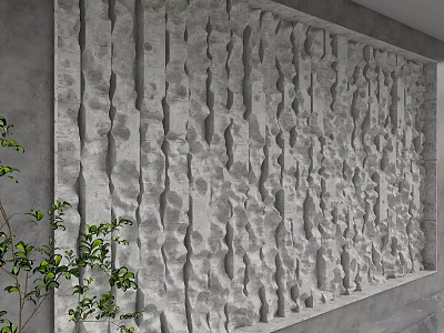 Gray Textured Feature Wall With Rough Surface And Green Plant Decoration 3d model