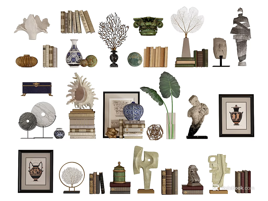 Diverse Decorative Ornament Collection With Books Sculptures Vases Frames Shell And Plant Decor 3d model 