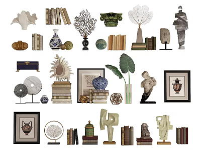 Diverse Decorative Ornament Collection With Books Sculptures Vases Frames Shell And Plant Decor 3d model