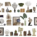 Diverse Decorative Ornament Collection With Books Sculptures Vases Frames Shell And Plant Decor