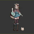 Cat Ear Girl With Pink Hair In Blue Outfit And Small White Round Creature
