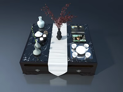 Modern Flat Panel Door Coffee Table With Marble Surface And Tea Sets 3d model