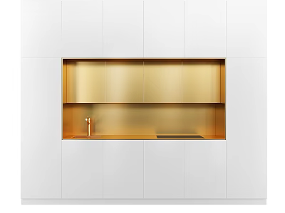 Sleek Modern Kitchen Interior With White Cabinets Golden Countertop And Copper Faucet 3d model