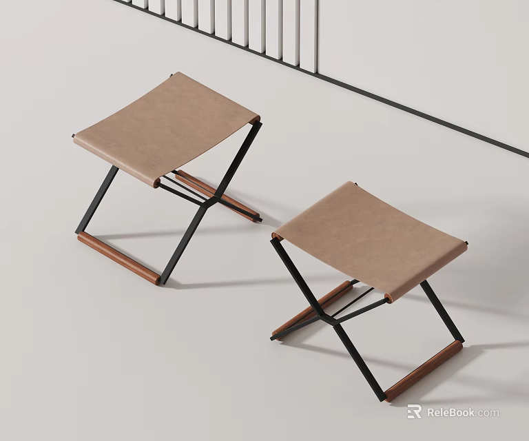Two Folding Modern Design Stools With Brown Seat And Black Metal Wooden Legs 3d model 