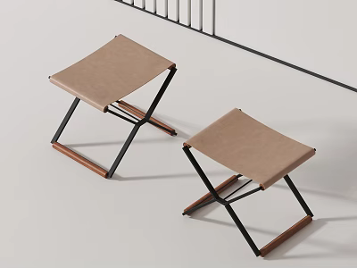Two Folding Modern Design Stools With Brown Seat And Black Metal Wooden Legs 3d model