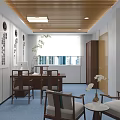 Clinic Room Interior With Wooden Ceiling Desk Computer Green Plant And Blue Carpet