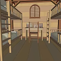 Wooden Bunk Beds Interior With Desk Chair Storage Drawers And Arched Window