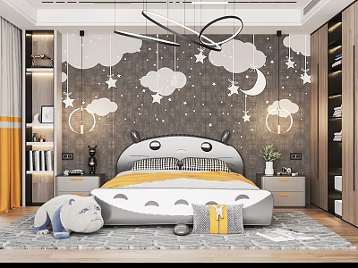 Cozy Kids Room Interior Design With Cloud Star Wallpaper Cartoon Shaped Bed And Stuffed Toy 3d model