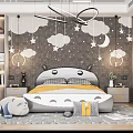 Cozy Kids Room Interior Design With Cloud Star Wallpaper Cartoon Shaped Bed And Stuffed Toy