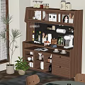 Modern Wooden Sideboard with Glass Doors Storage Kitchen Essentials Decorative Items and Green Plants