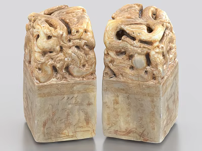 Exquisite Traditional Stone Wood Carved Dragon Seal Sculptures In Square Shape 3d model